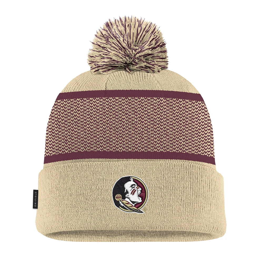 Youth Nike Gold Florida State Seminoles 2024 Sideline Peak Cuffed Knit Hat with Pom