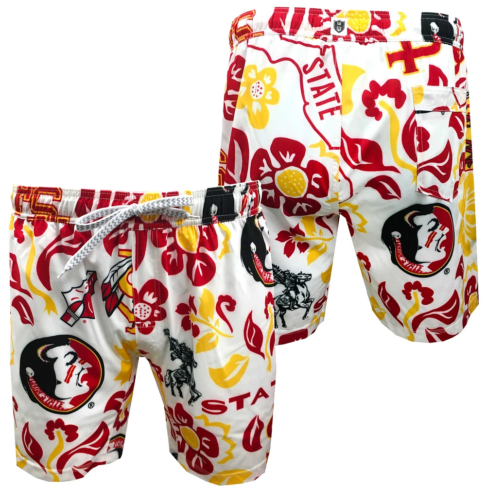 Youth Wes & Willy White Florida State Seminoles Allover Print Vault Tech Swim Trunks