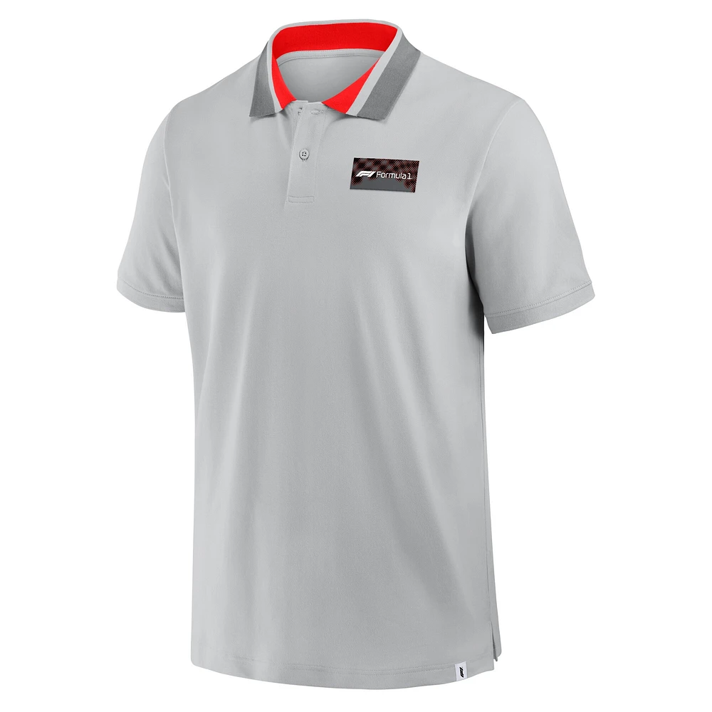 Polo piqué gris à bordures avec badge en grille demi-teintes Tempo pour homme