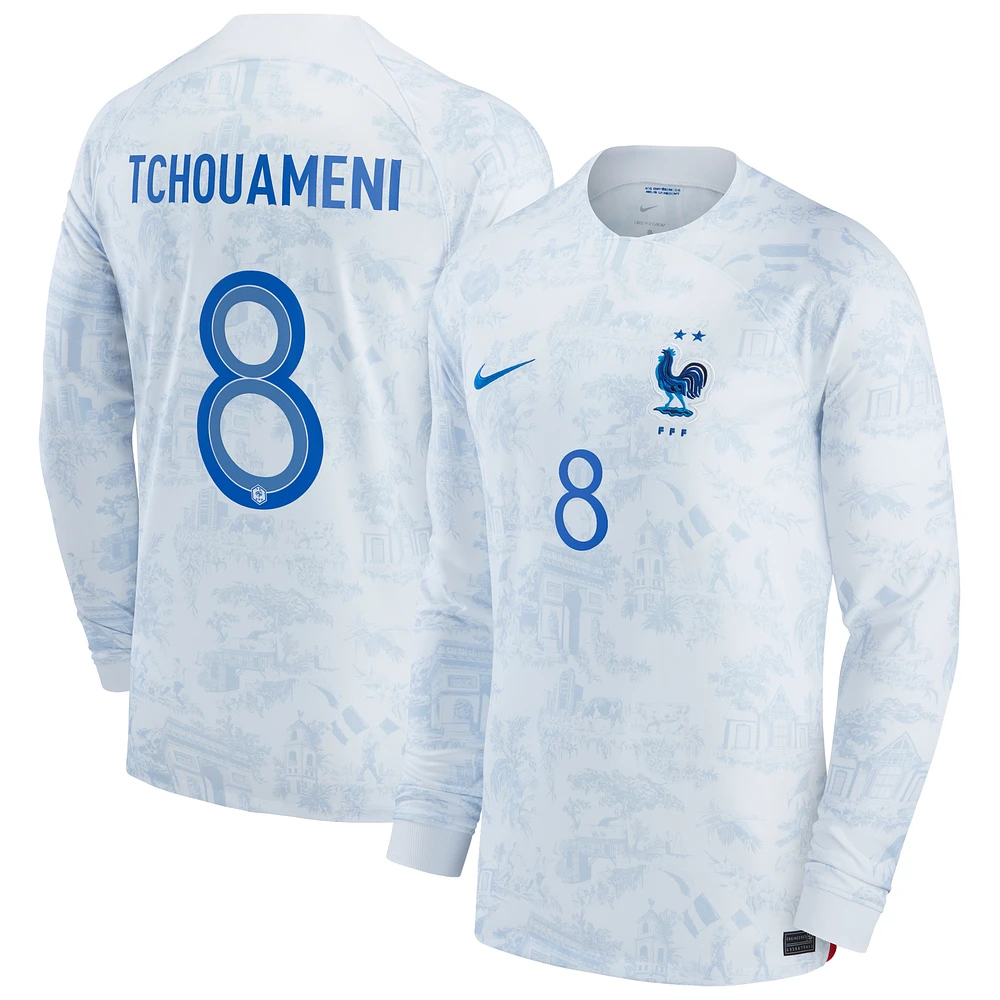 Maillot Homme Nike Aurélien Tchouaméni Blanc Equipe Nationale de France 2022/23 Extérieur Breathe Stadium Réplique Manches Longues