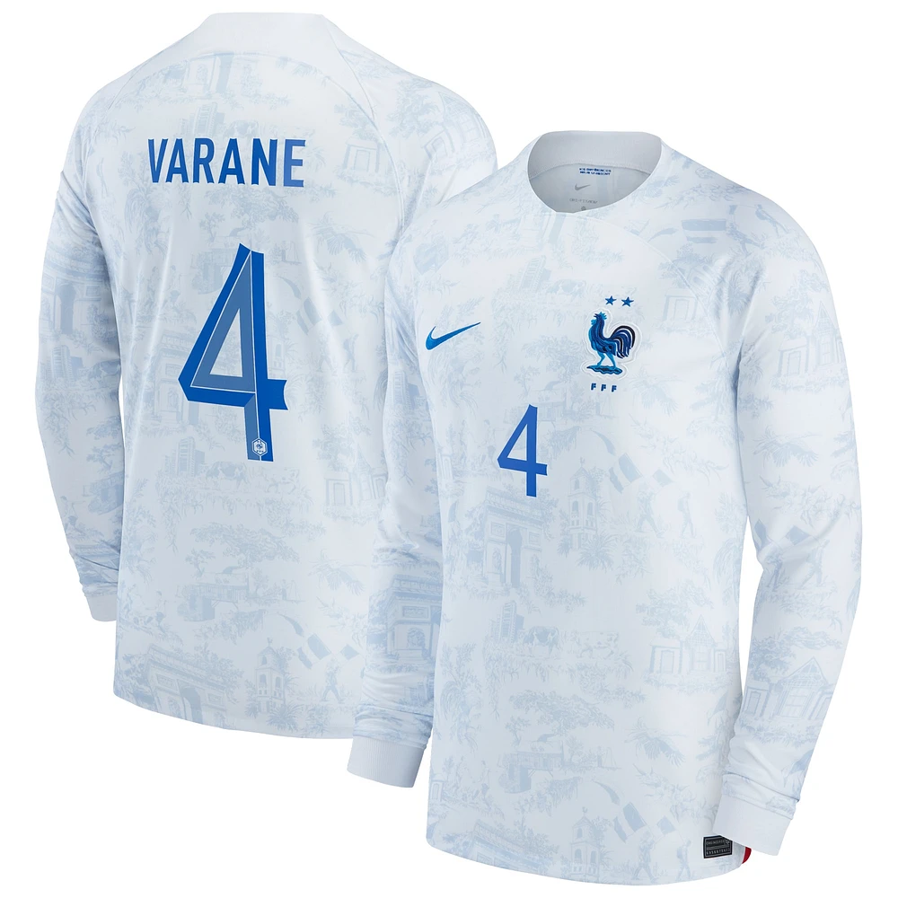 Maillot Homme Nike Raphael Varane Blanc Equipe Nationale de France 2022/23 Extérieur Breathe Stadium Réplique Manches Longues