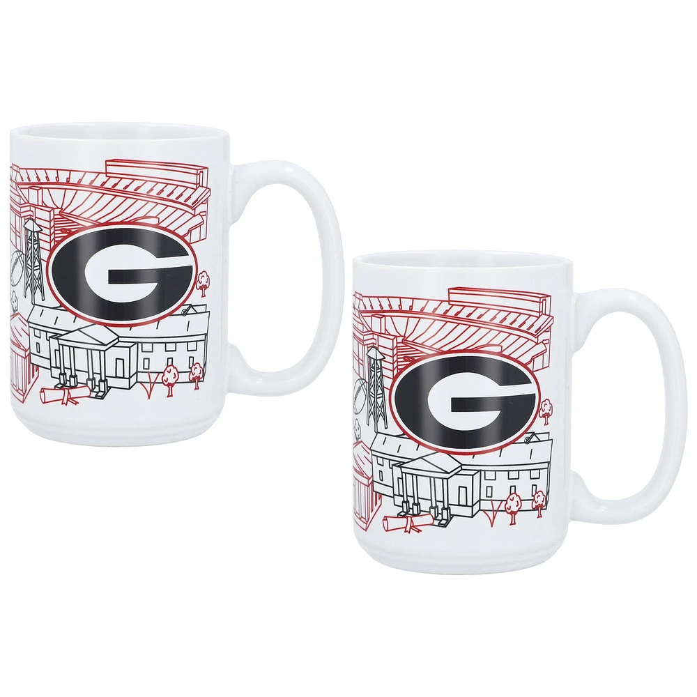 Lot de deux tasses à café Georgia Bulldogs de 15 oz avec motif Campus Line Art