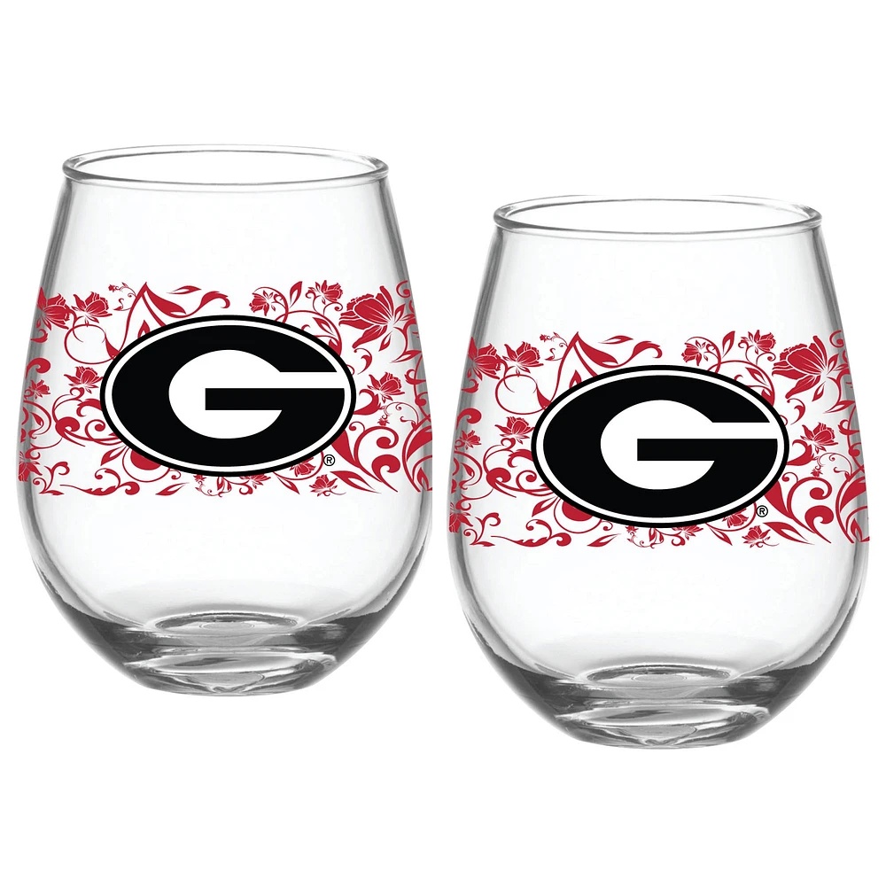 Pack de deux Bulldogs de Géorgie 15oz. Ensemble de verres floraux sans pied