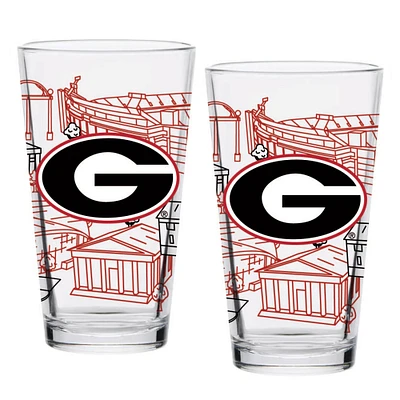 Pack de deux Bulldogs de Géorgie 16oz. Ensemble de verres à pinte Campus Line Art