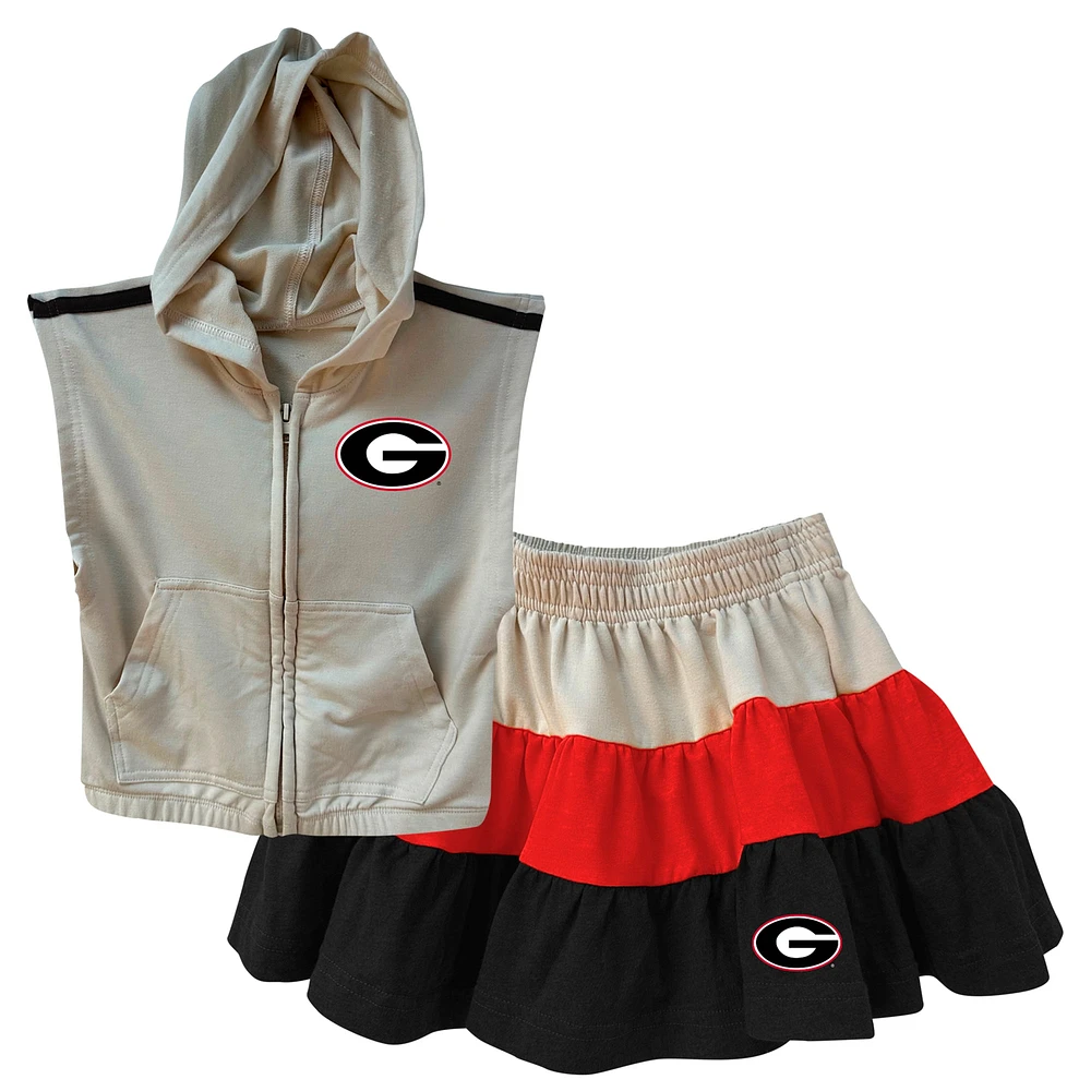 Girls Toddler Wes & Willy Tan Georgia Bulldogs Tri-Blend Sleeveless Full-Zip Hoodie Tiered Skirt Set