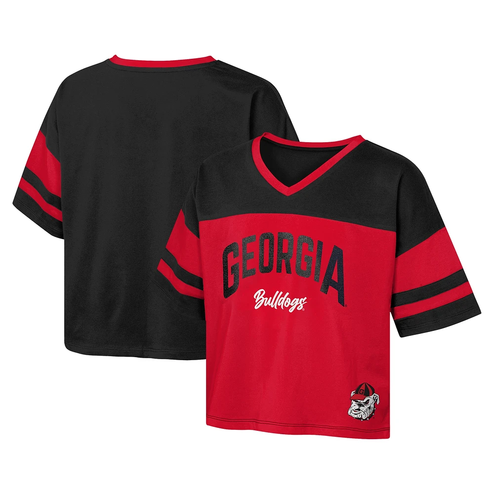 Girls Youth Red Georgia Bulldogs The Playmaker Sleeve Stripe V-Neck Jersey T-Shirt