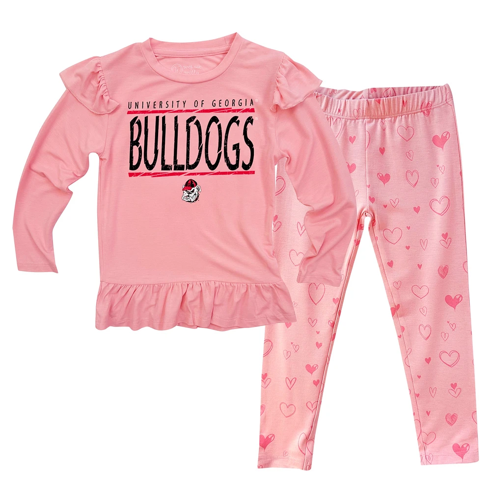 Ensemble de nuit pour bébé Wes & Willy Pink Georgia Bulldogs avec t-shirt à manches longues volants et pantalon imprimé cœur