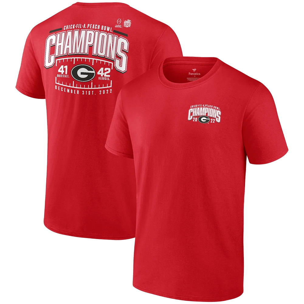 T-shirt Fanatics Red Georgia Bulldogs College Football Playoff 2022 Peach Bowl Champions Score pour hommes