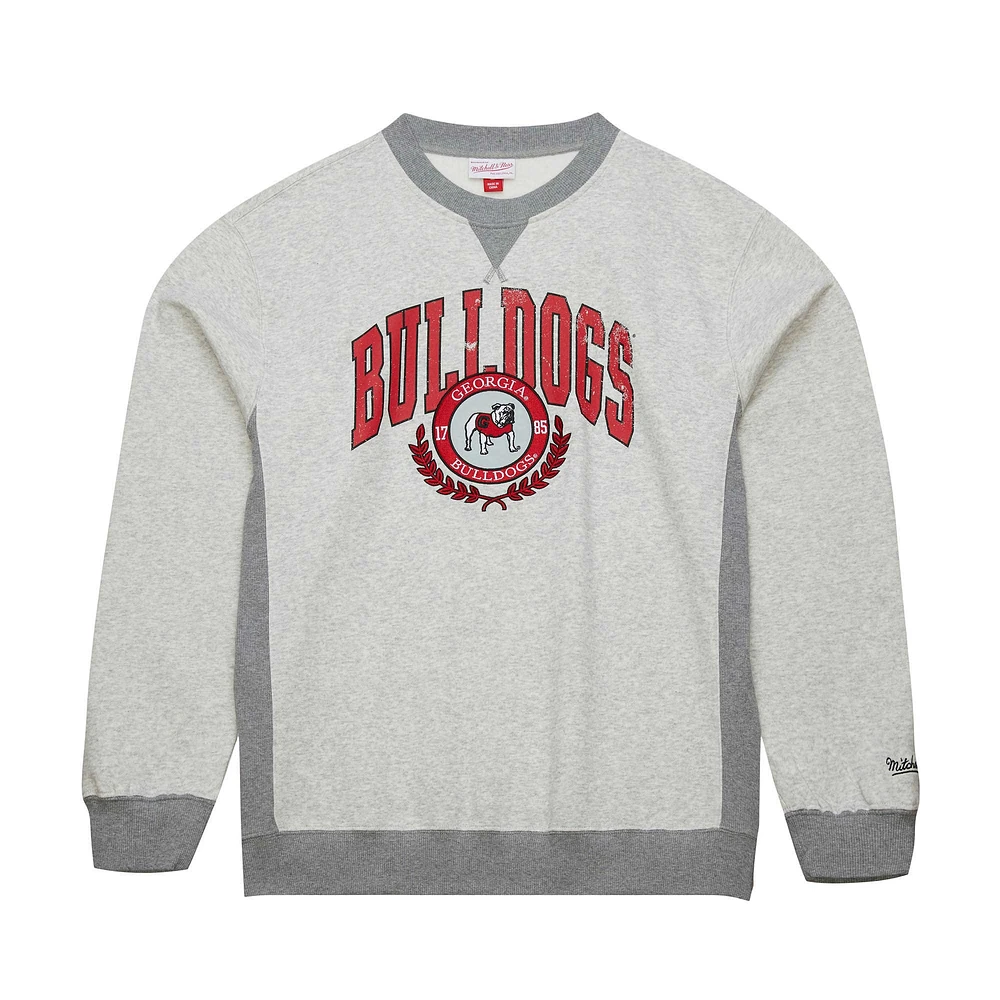 Men's Mitchell & Ness Heather Gray Georgia Bulldogs Arched Fleece Crewneck Pullover Sweatshirt