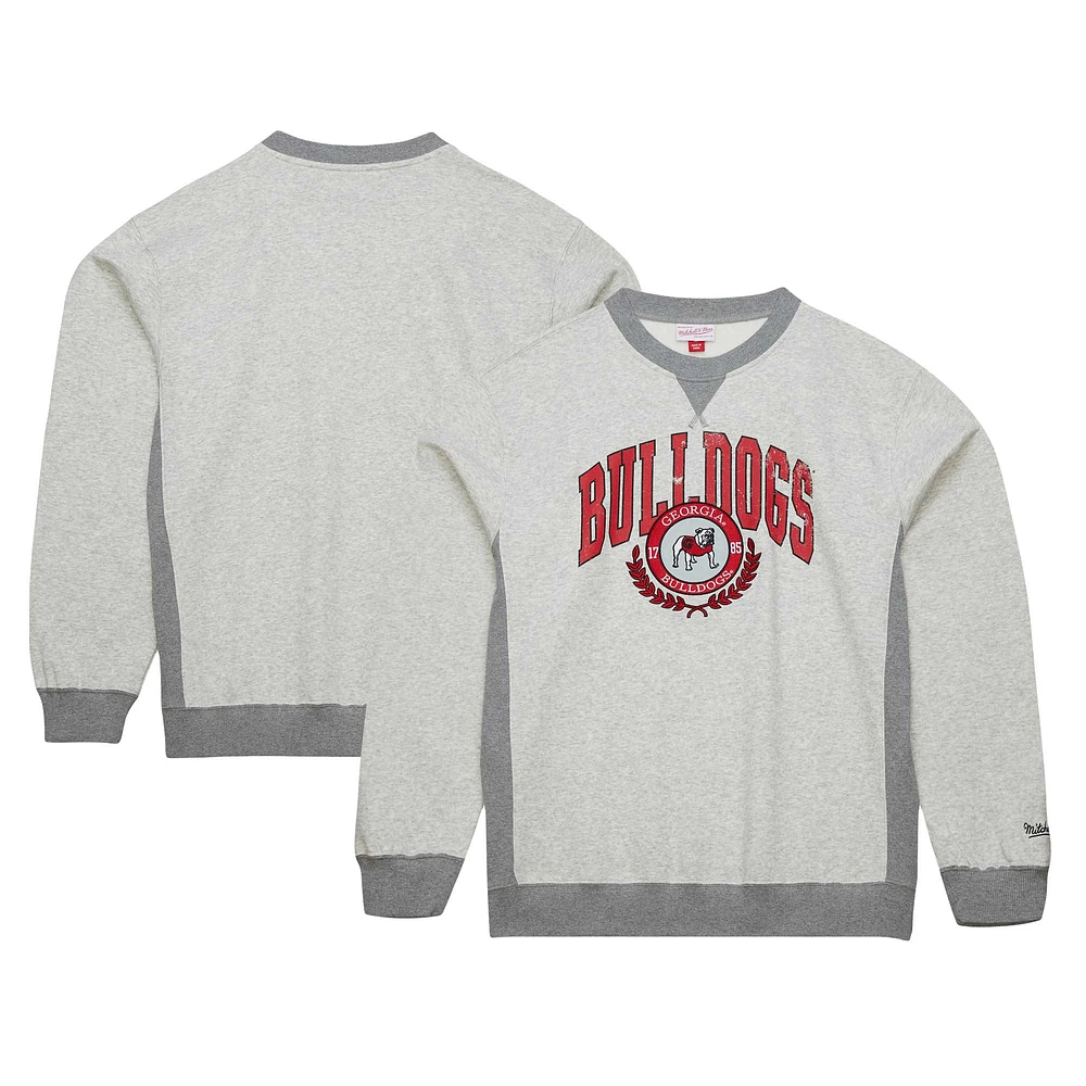 Men's Mitchell & Ness Heather Gray Georgia Bulldogs Arched Fleece Crewneck Pullover Sweatshirt