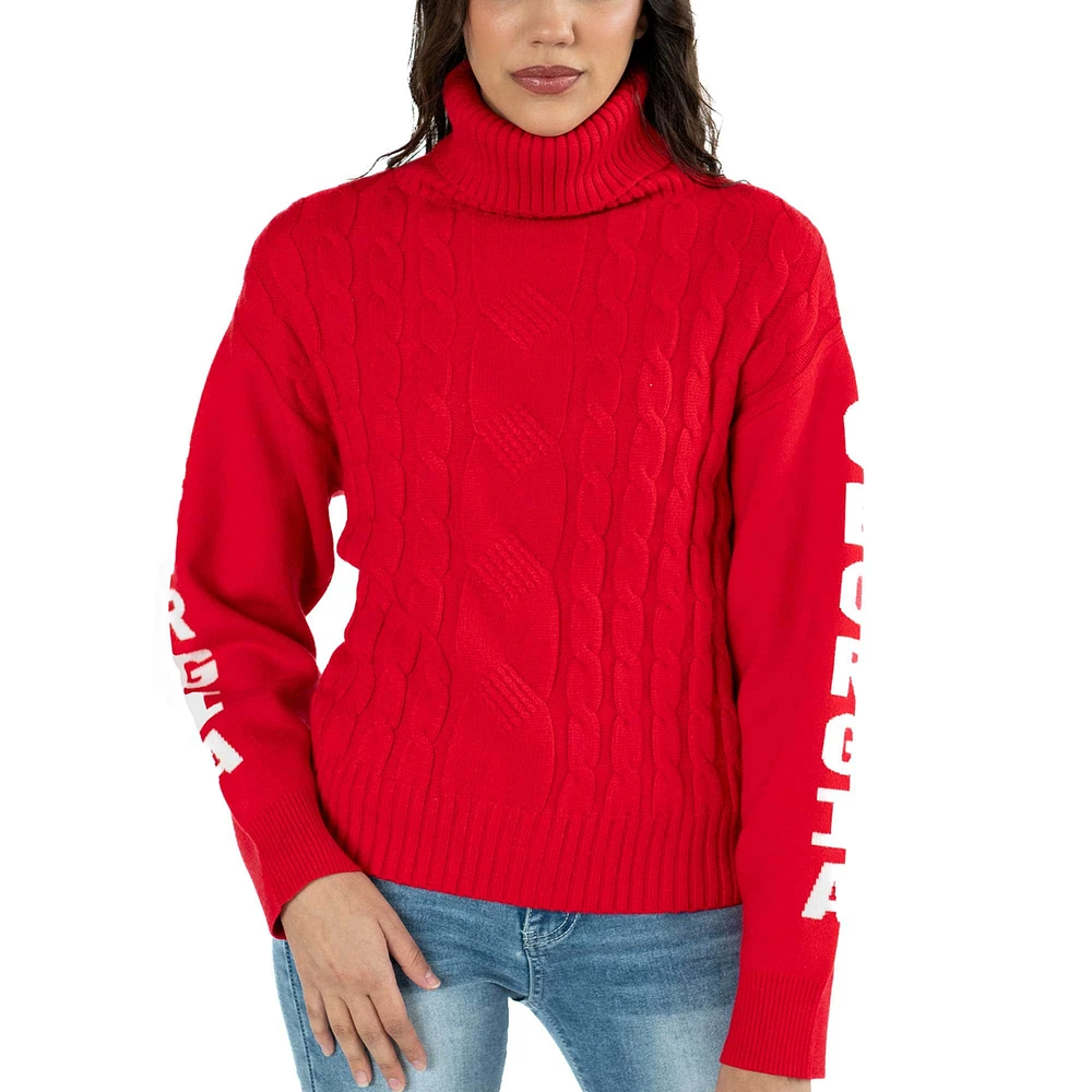 Women's Lusso Red Georgia Bulldogs Sylvie Cable Knit Turtleneck Pullover Sweater