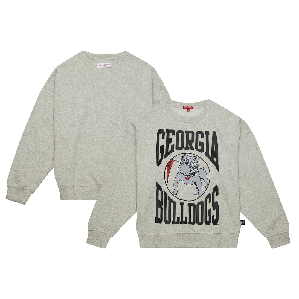 Women's Mitchell & Ness Heather Gray Georgia Bulldogs Oversized Logo Lightweight Pullover Sweatshirt