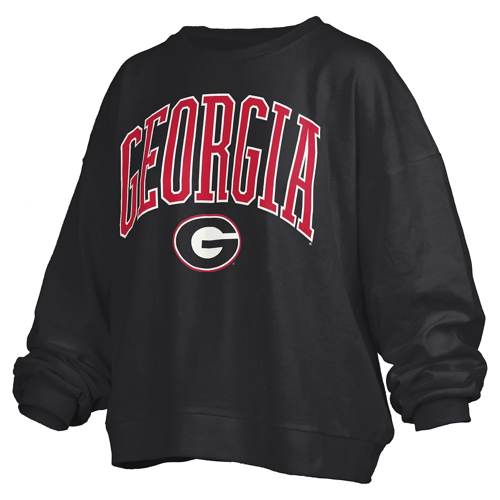 Women's Pressbox Black Georgia Bulldogs Janise Arch Over Logo Waist Length Oversized Pullover Sweatshirt