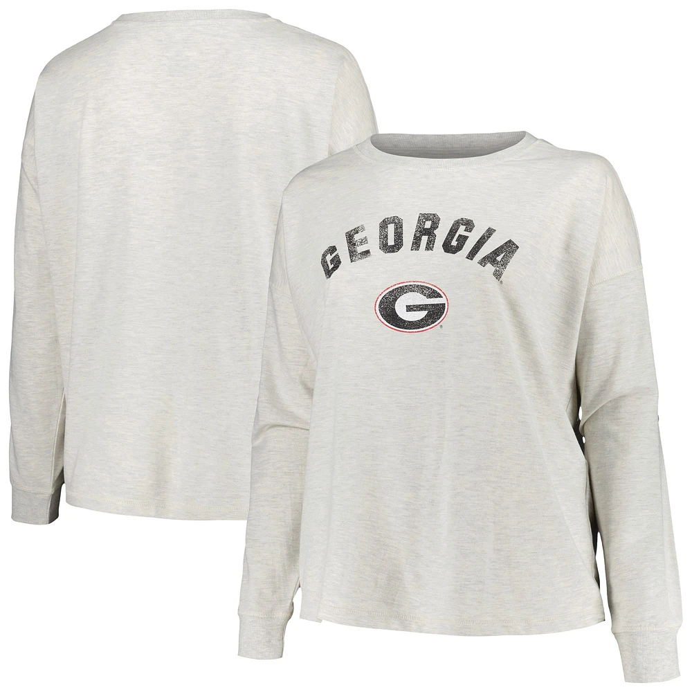 Women's Profile Oatmeal Georgia Bulldogs Plus Distressed Arch Over Logo Neutral Boxy Pullover Sweatshirt