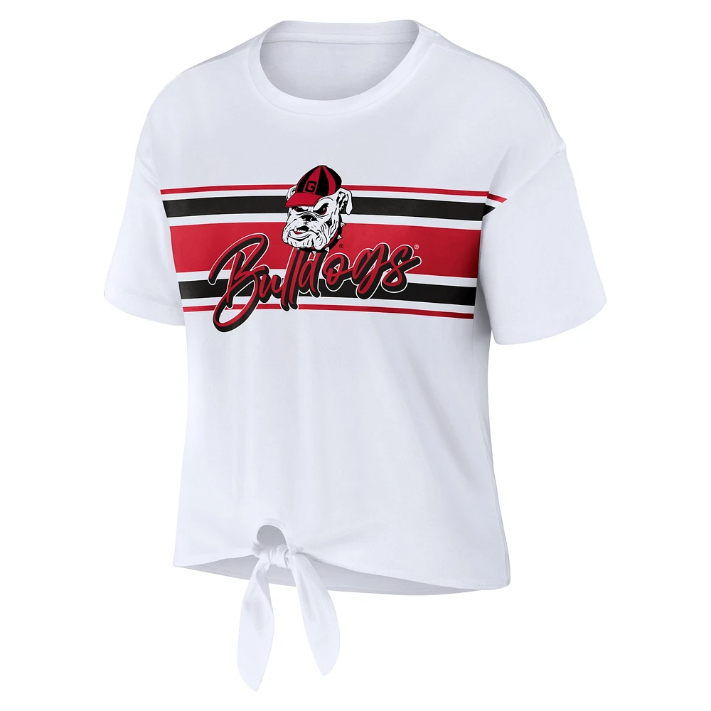 Women's WEAR by Erin Andrews White Georgia Bulldogs Striped Front Knot Cropped T-Shirt