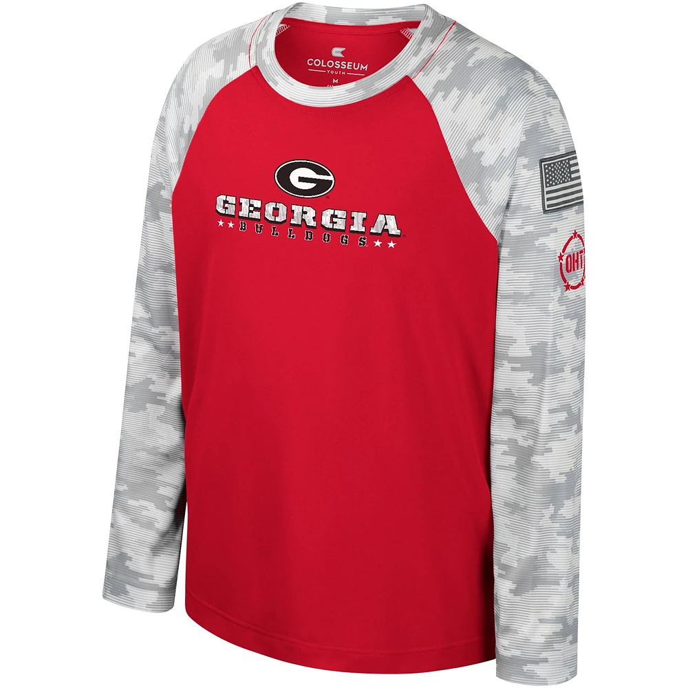 T-shirt à manches longues raglan pour jeunes Colosseum Red/Camo Georgia Bulldogs OHT Military Appréciation Dark Star
