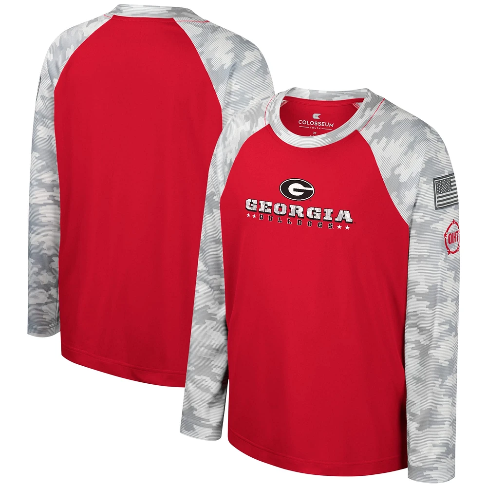 T-shirt à manches longues raglan pour jeunes Colosseum Red/Camo Georgia Bulldogs OHT Military Appréciation Dark Star