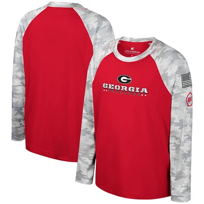T-shirt à manches longues raglan pour jeunes Colosseum Red/Camo Georgia Bulldogs OHT Military Appréciation Dark Star