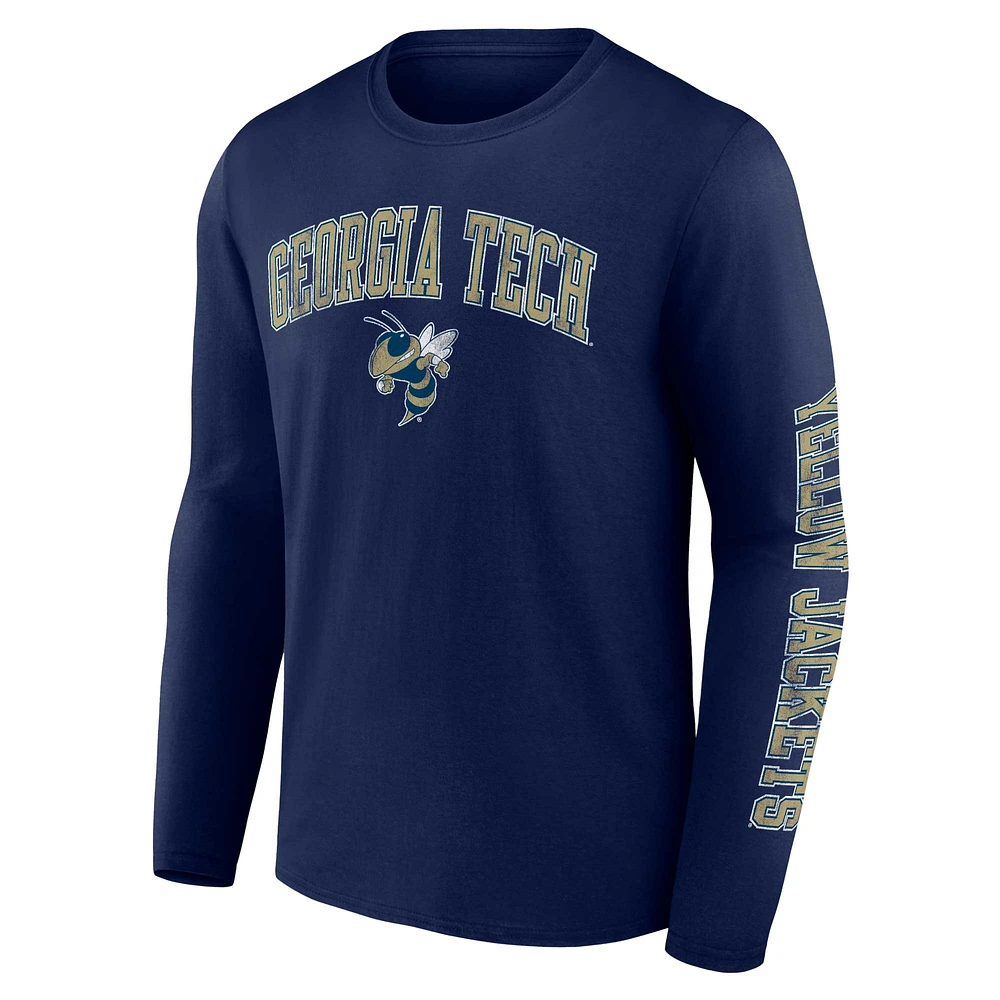 Men's Fanatics Navy Georgia Tech Yellow Jackets Distressed Arch Over Logo Long Sleeve T-Shirt