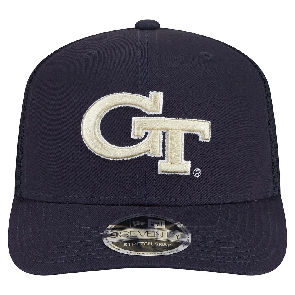 Casquette camionneur extensible à boutons-pression New Era bleu marine Georgia Tech Yellow Jackets Primary 9SEVENTY pour homme