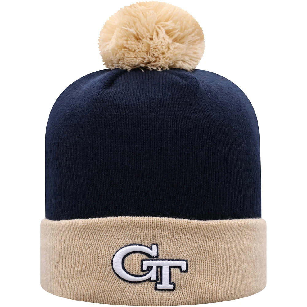 Top of the World Navy/Gold Georgia Tech Yellow Jackets Bonnet en tricot à revers 2 tons avec pompon pour hommes