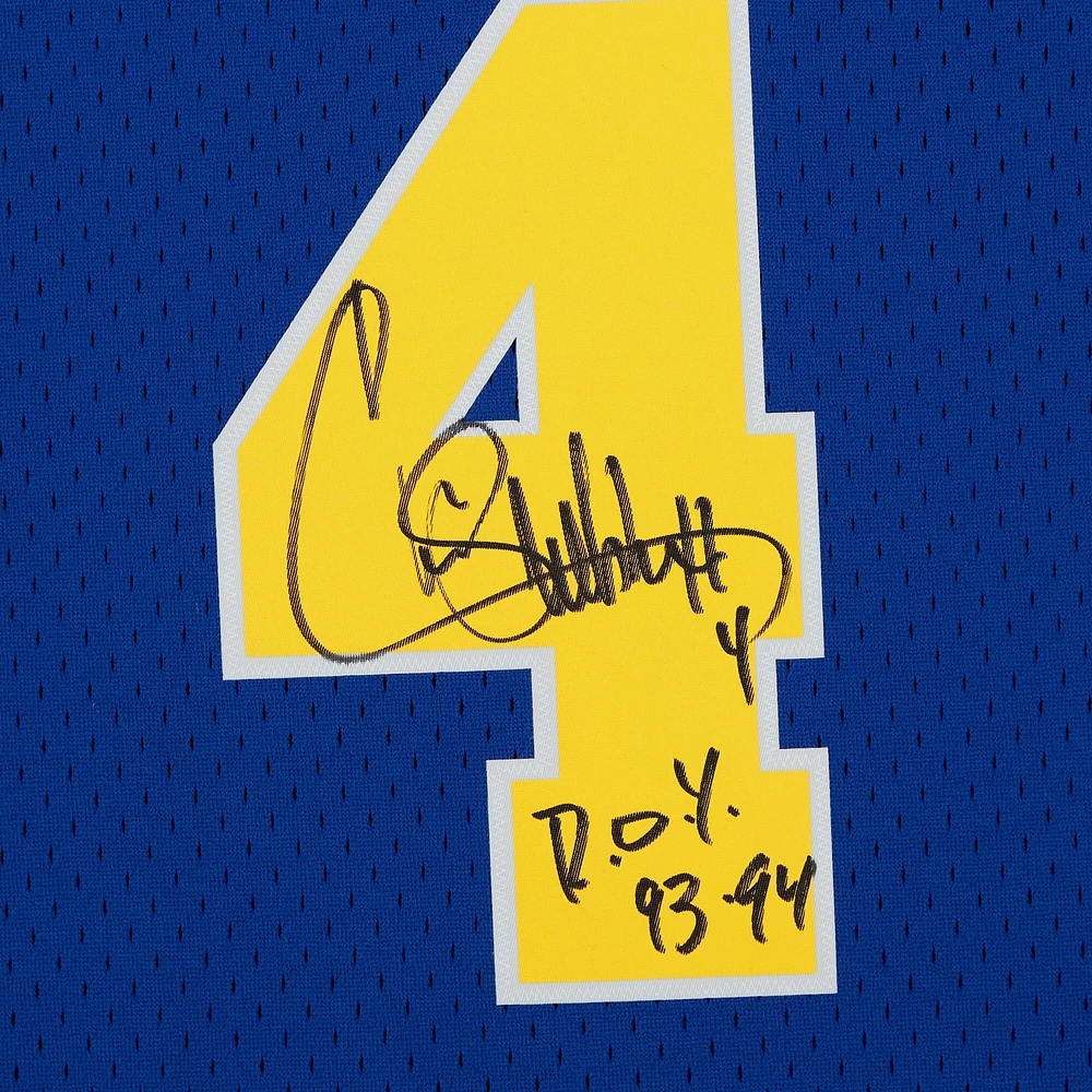 Maillot Swingman autographié par Chris Webber Golden State Warriors Royal 1993-94 Mitchell & Ness avec inscription « 92-93 ROY »