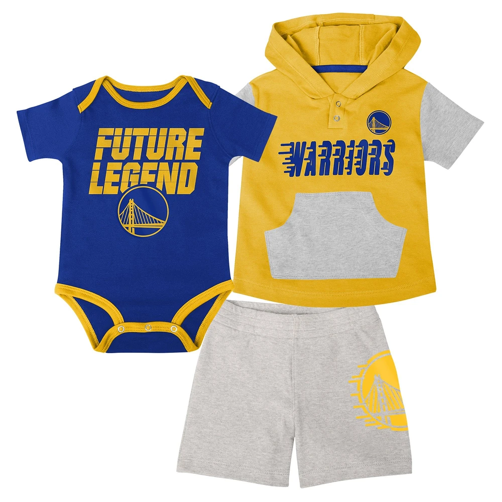 Ensemble body, t-shirt à capuche et short Golden State Warriors Bank Shot pour bébé, royal/or/gris