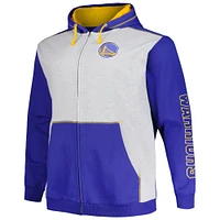 Fanatics pour hommes Royal/Heather Grey Golden State Warriors Big & Tall Sweat à capuche entièrement zippé avec coutures contrastées