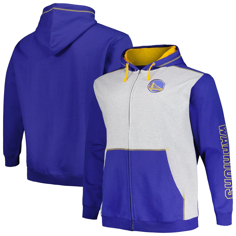 Fanatics pour hommes Royal/Heather Grey Golden State Warriors Big & Tall Sweat à capuche entièrement zippé avec coutures contrastées