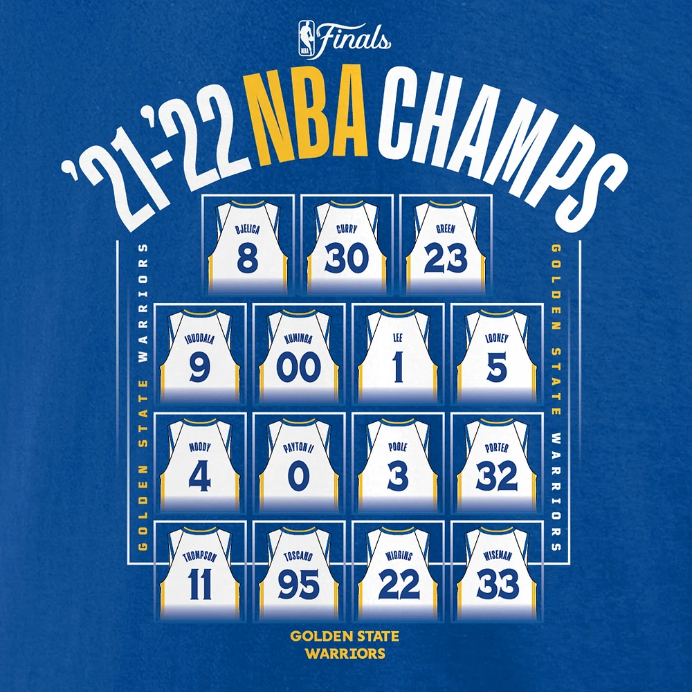 T-shirt Fanatics Royal Golden State Warriors 2022 NBA Finals Champions Final Buzzer Jersey Roster pour hommes