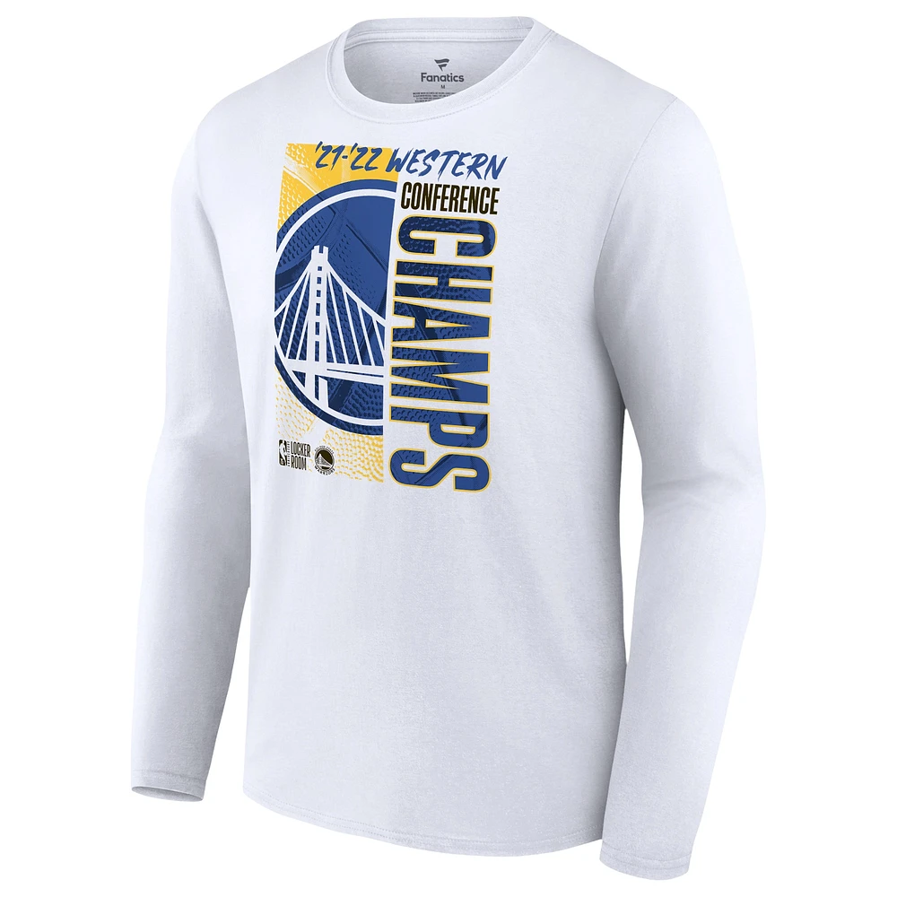 T-shirt à manches longues pour hommes Fanatics White Golden State Warriors 2022 Champions de la Conférence Ouest Vestiaire