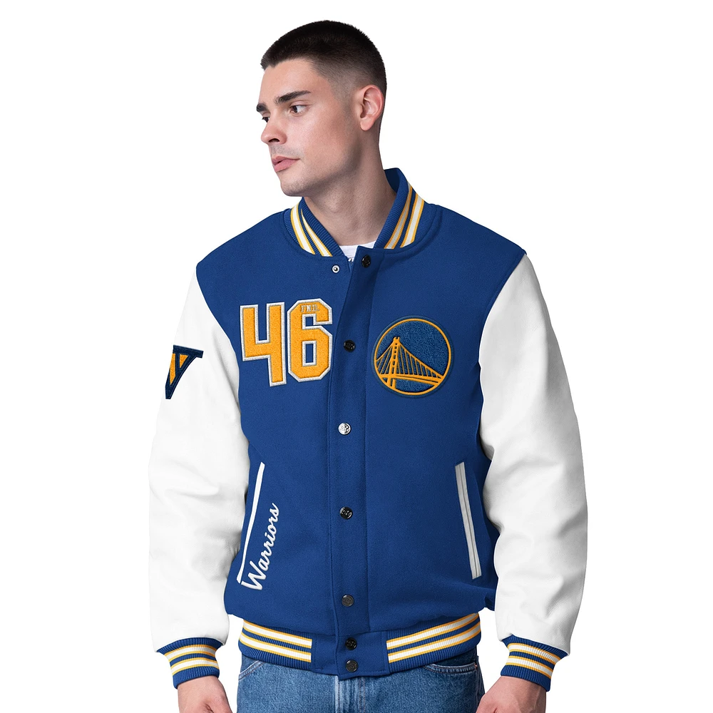 Veste universitaire en laine et cuir à boutons-pression G-III Sports by Carl Banks Royal Golden State Warriors Moneyball pour homme