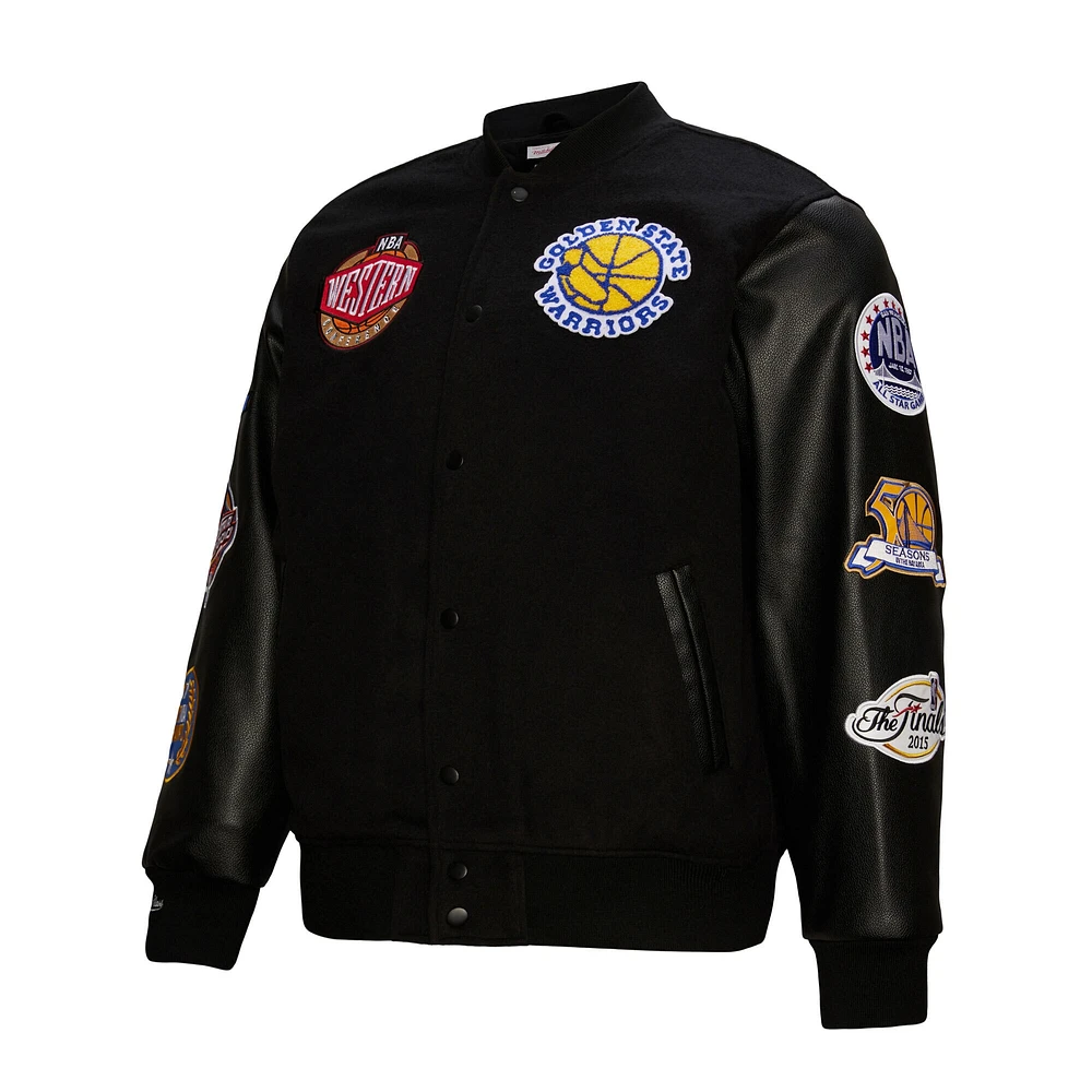 Men's Mitchell & Ness  Black Golden State Warriors Hardwood Classics Blackout Collection Full-Snap Varsity Jacket