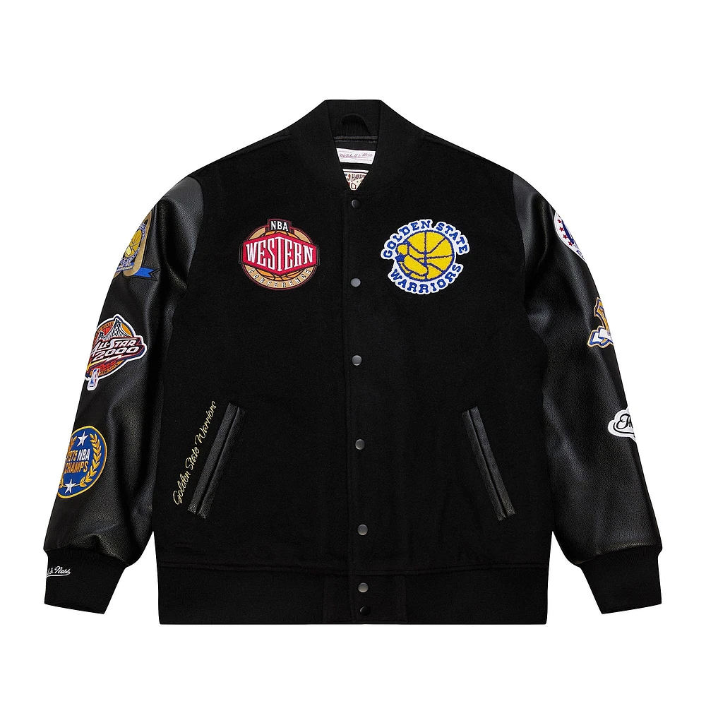 Men's Mitchell & Ness  Black Golden State Warriors Hardwood Classics Blackout Collection Full-Snap Varsity Jacket