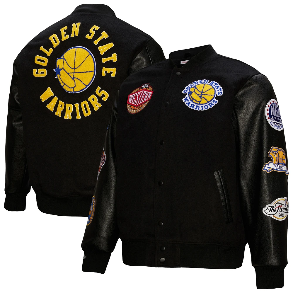 Veste universitaire à boutons-pression complète de la collection Hardwood Classics Blackout Mitchell & Ness pour homme, Golden State Warriors