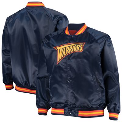 Men's Mitchell & Ness Navy Golden State Warriors Big Tall Hardwood Classics Raglan Satin Full-Snap Jacket