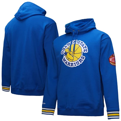 Men's Mitchell & Ness Royal Golden State Warriors Chainstitch Applique Vintage Heavyweight Pullover Hoodie