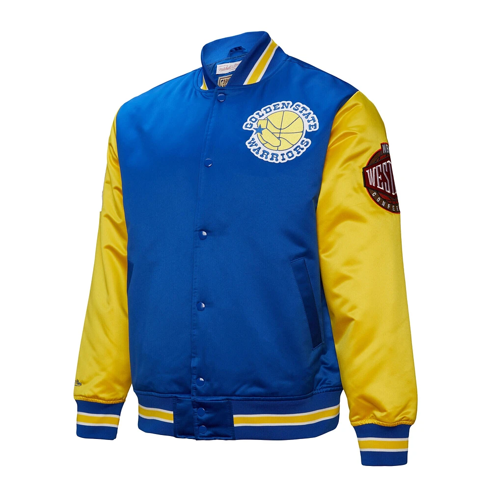 Veste en satin à boutons-pression intégrale Mitchell & Ness Royal Golden State Warriors Hardwood Classic Primetime pour homme