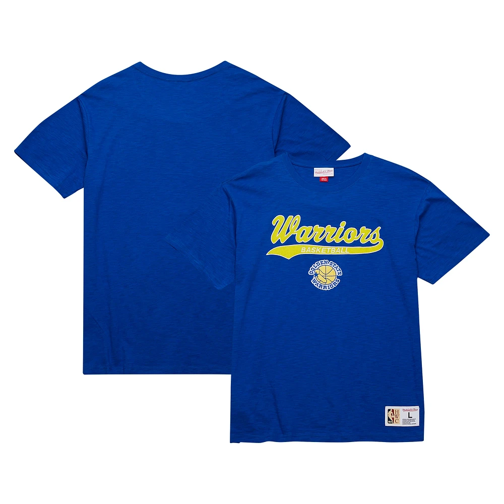 T-shirt Mitchell & Ness Royal Golden State Warriors Hardwood Classics en feutre avec appliqué flammé pour homme