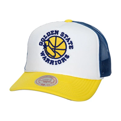 Casquette Snapback de camionneur en mousse sur le devant pour hommes, Mitchell & Ness, Golden State Warriors Hardwood Classics, blanche