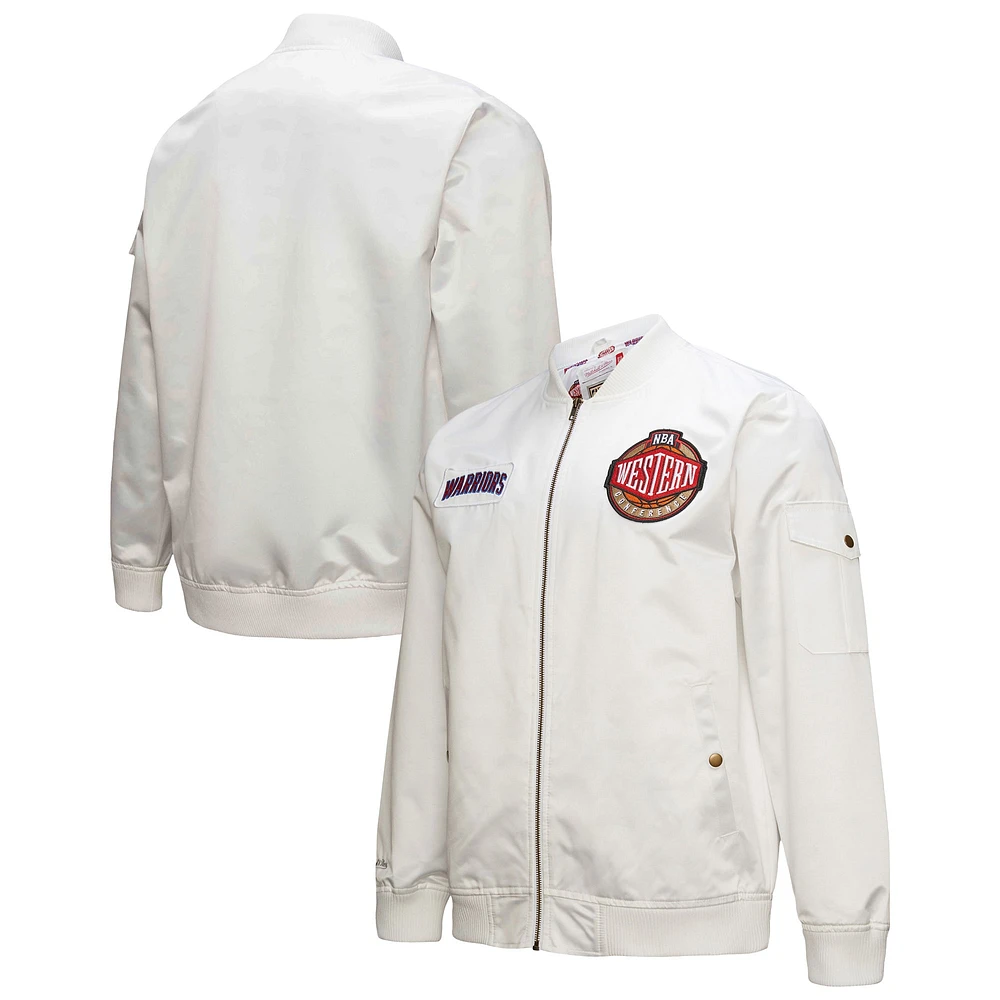 Veste zippée en satin blanc pour homme Mitchell & Ness Golden State Warriors Hardwood Classics Nights Team Leader