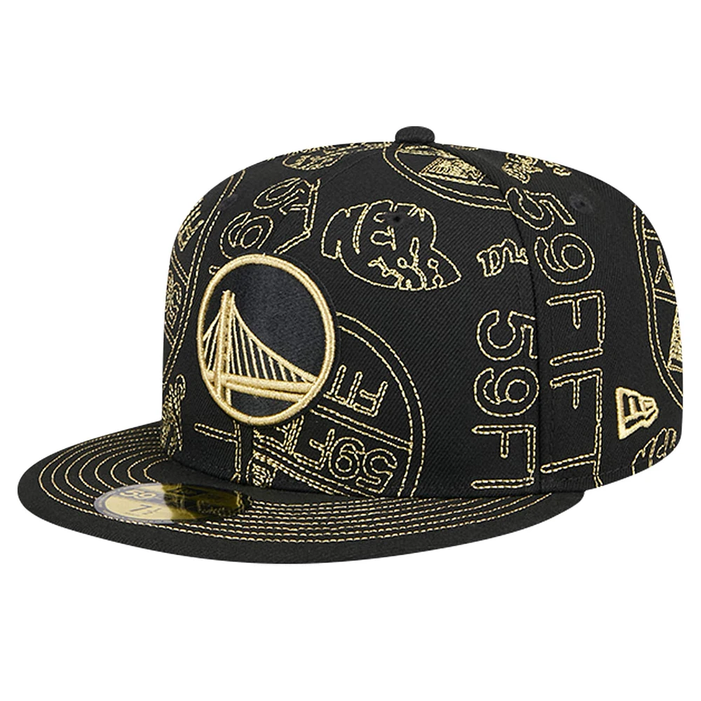 Men's New Era Black Golden State Warriors 59FIFTY Day Allover Print Stencil Fitted Hat