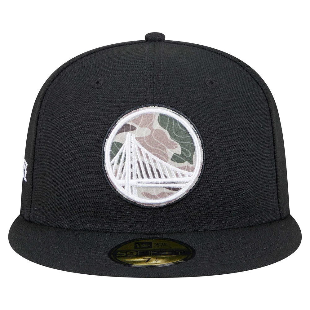 Men's New Era Black Golden State Warriors Camo Print UV 59FIFTY Fitted Hat