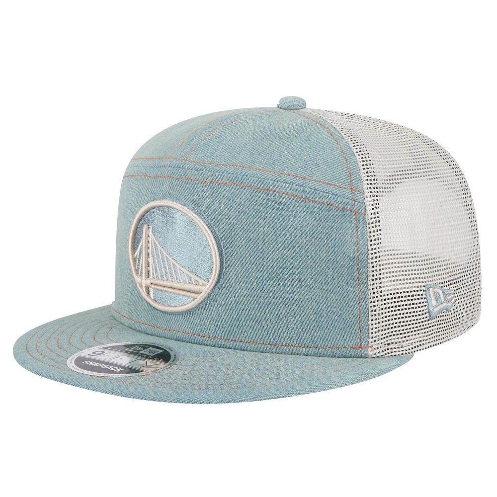 Men's New Era Golden State Warriors Adventure Denim Split Panel 9FIFTY Snapback Trucker Hat