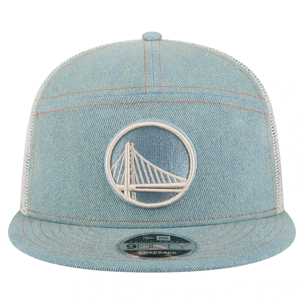 Men's New Era Golden State Warriors Adventure Denim Split Panel 9FIFTY Snapback Trucker Hat
