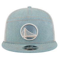 Men's New Era Golden State Warriors Adventure Denim Split Panel 9FIFTY Snapback Trucker Hat