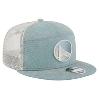 Men's New Era Golden State Warriors Adventure Denim Split Panel 9FIFTY Snapback Trucker Hat