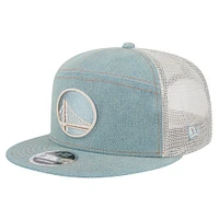 Men's New Era Golden State Warriors Adventure Denim Split Panel 9FIFTY Snapback Trucker Hat