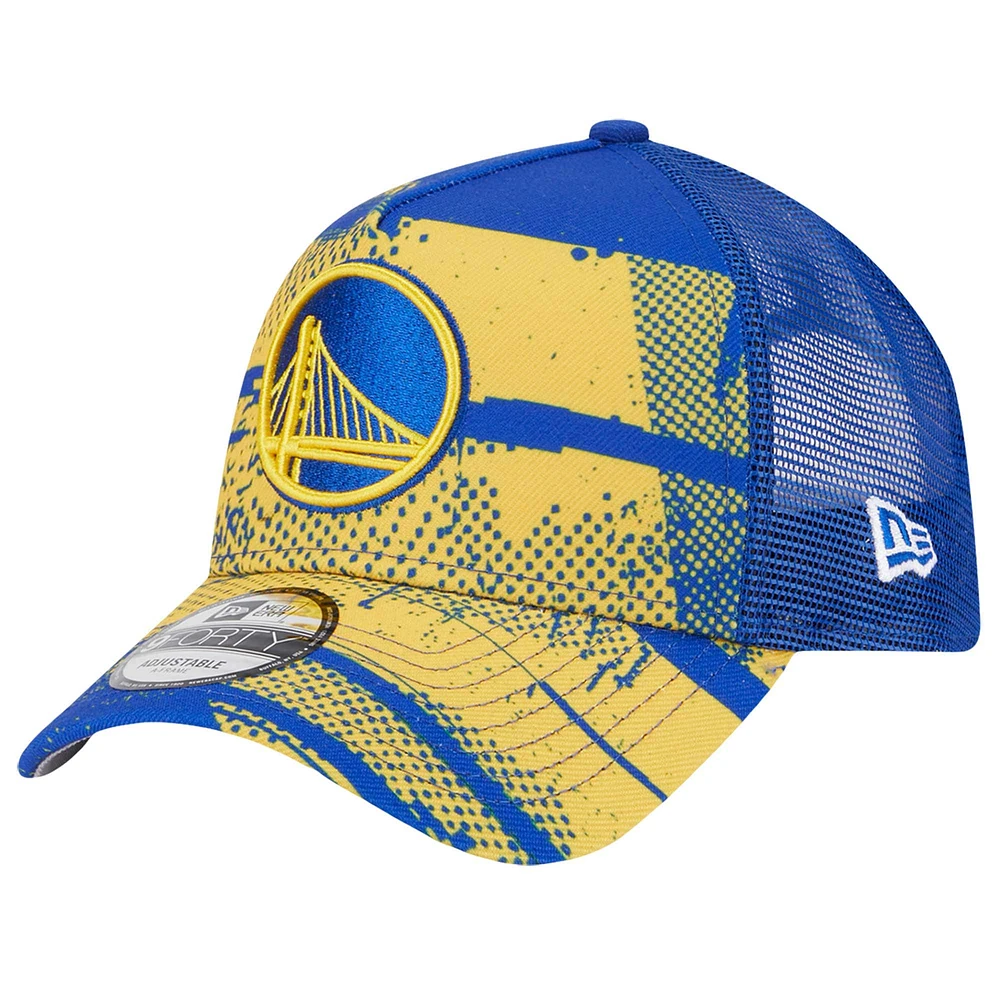 Men's New Era Royal/Gold Golden State Warriors Tip Off A-Frame Trucker 9FORTY Adjustable Hat