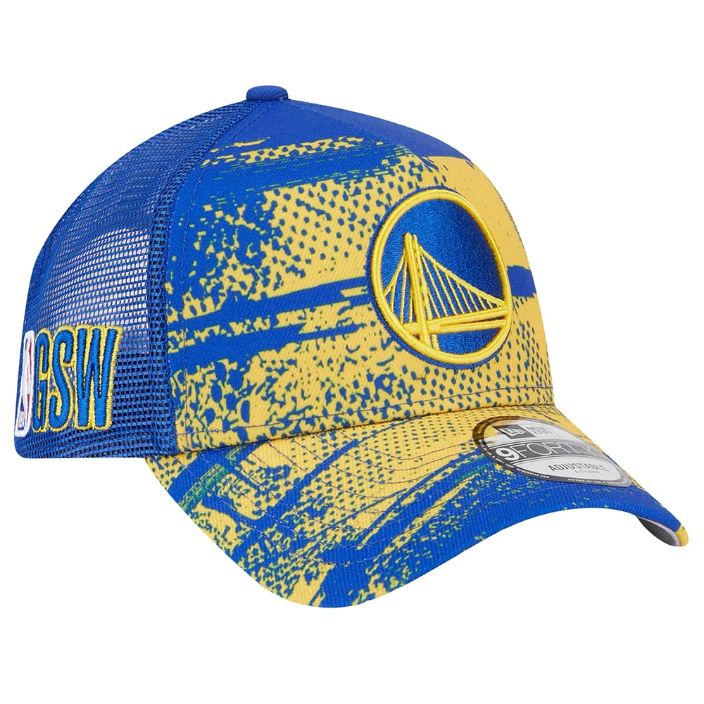 Men's New Era Royal/Gold Golden State Warriors Tip Off A-Frame Trucker 9FORTY Adjustable Hat